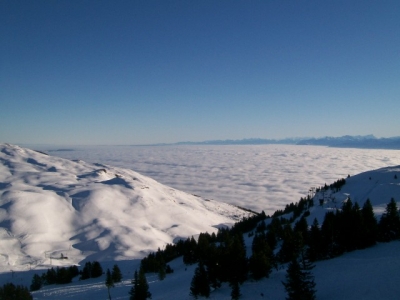 Lelex-Crozet, Le Monts Jura, France. Lake Geneva is under the cloud! Jan 2009.