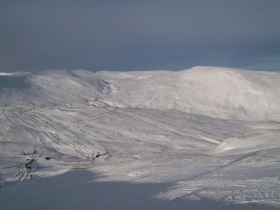 The Cairnwell and the Cluny's from Meall Odhar. Feb 2009.