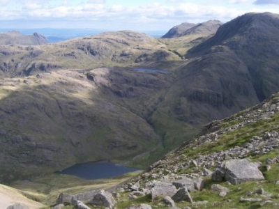 Sty Head Tarn, Sprinkling Tarn and Great End, viewed from Great Gable. Aug 2010.