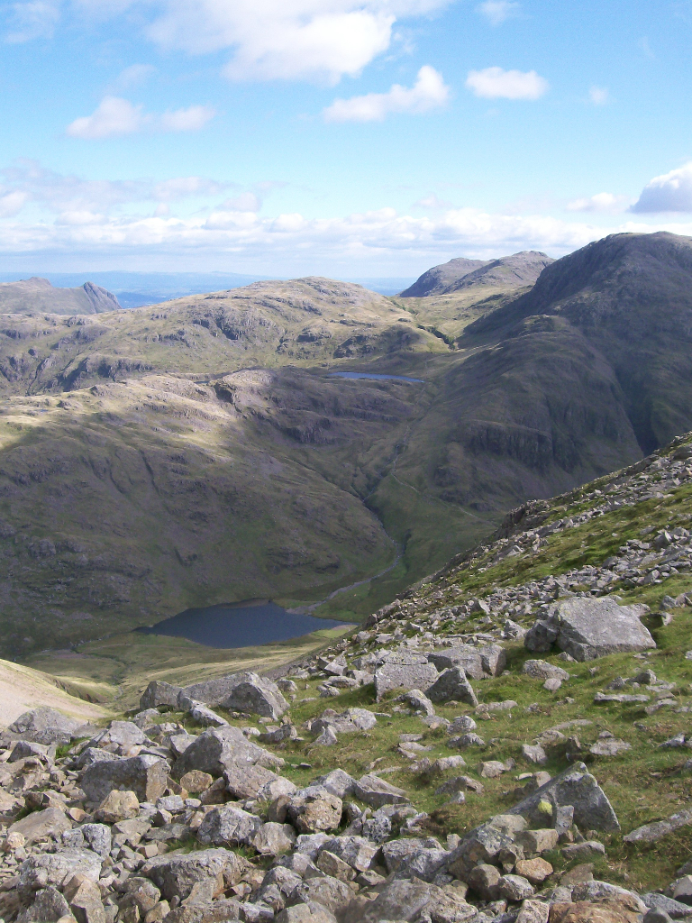 Sty Head Tarn, Sprinkling Tarn and Great End, viewed from Great Gable. Aug 2010.