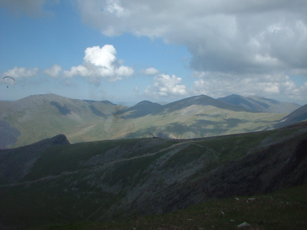 Looking a the Snowdon Mountain Railway from the Snowdon Range path, May 2004. North Wales.