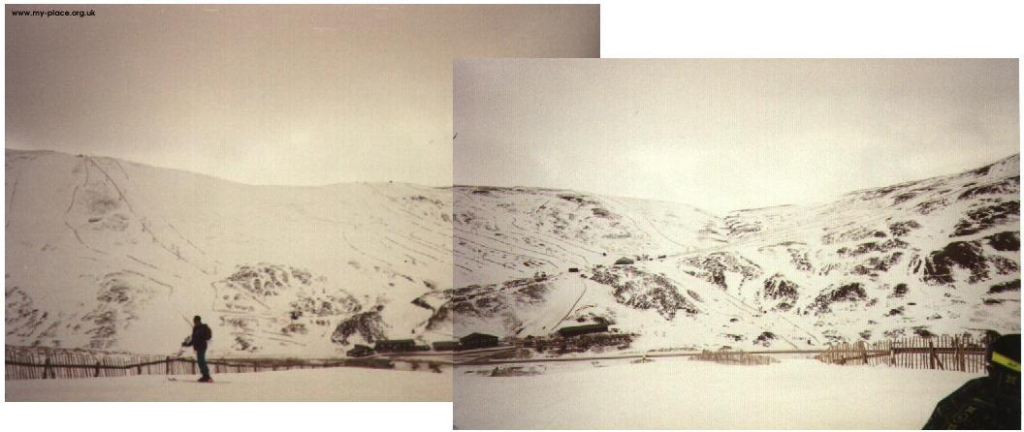 View of Cairnwell (far left) and Carn Aosda (far right) from top of Sunnyside. March 1996